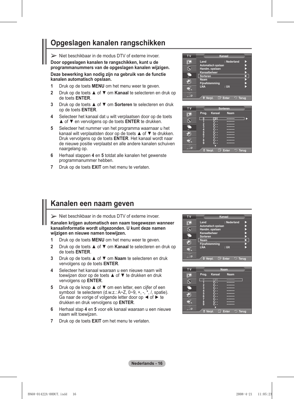 Opgeslagen kanalen rangschikken, Kanalen een naam geven | Samsung PS50A476P1D User Manual | Page 182 / 444