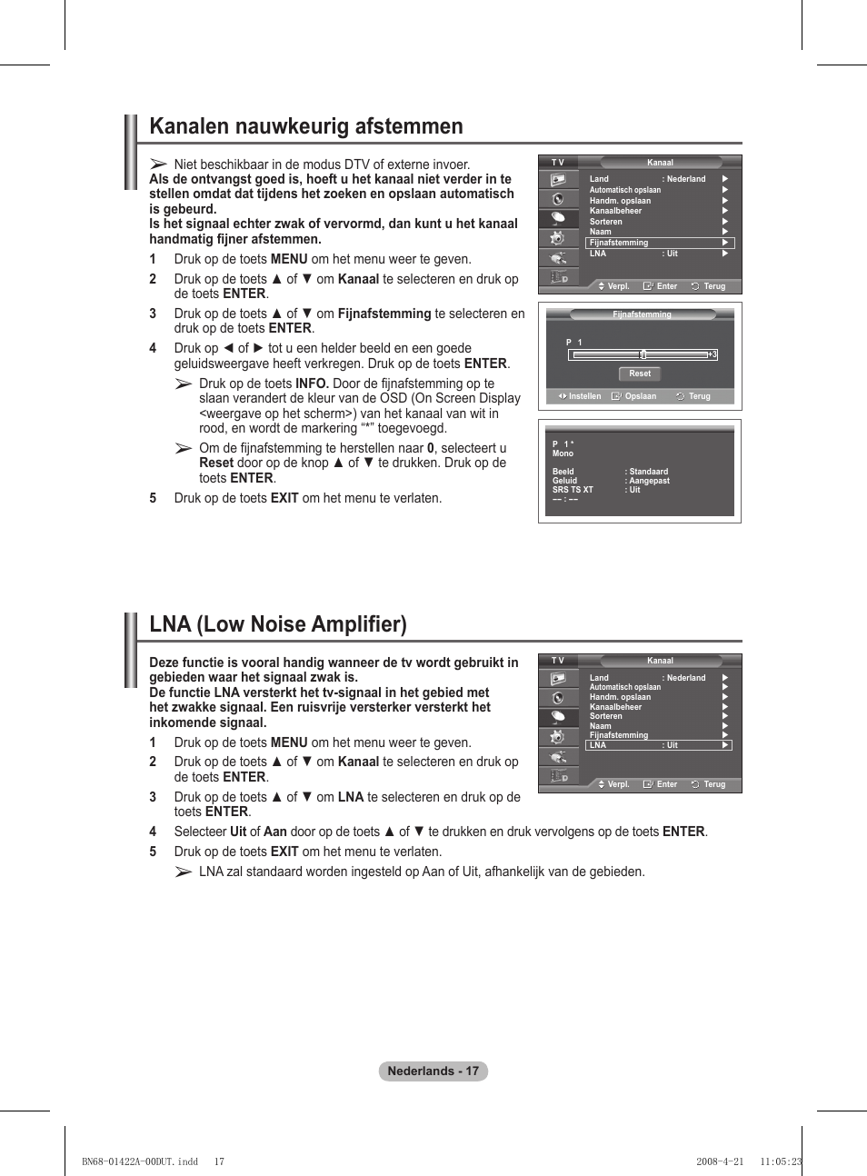 Kanalen nauwkeurig afstemmen, Lna (low noise amplifier) | Samsung PS50A476P1D User Manual | Page 183 / 444