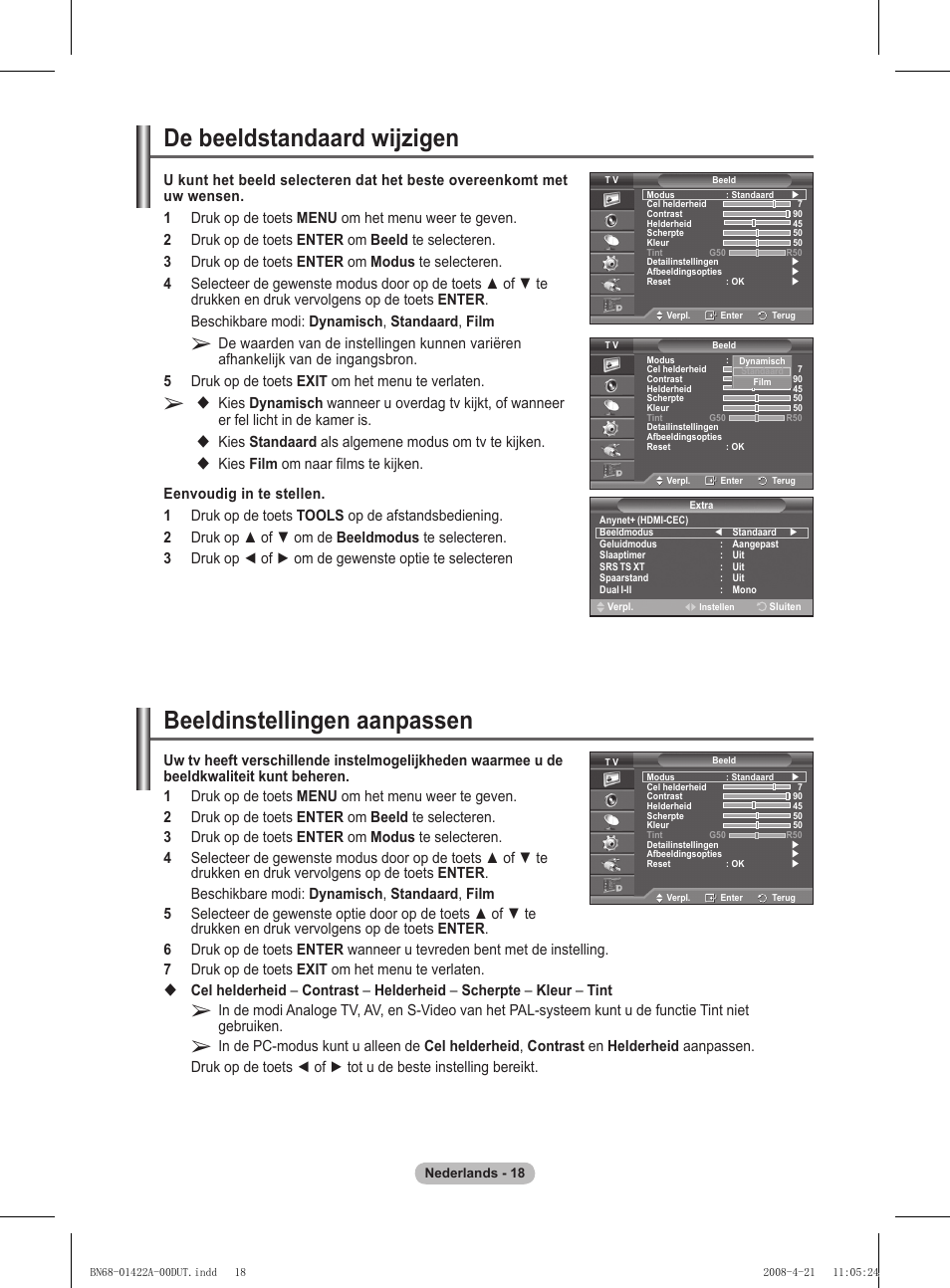 De beeldstandaard wijzigen, Beeldinstellingen aanpassen, Kies standaard als algemene modus om tv te kijken | Samsung PS50A476P1D User Manual | Page 184 / 444