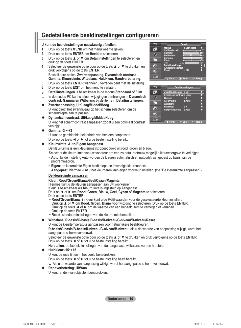 Gedetailleerde beeldinstellingen configureren | Samsung PS50A476P1D User Manual | Page 185 / 444