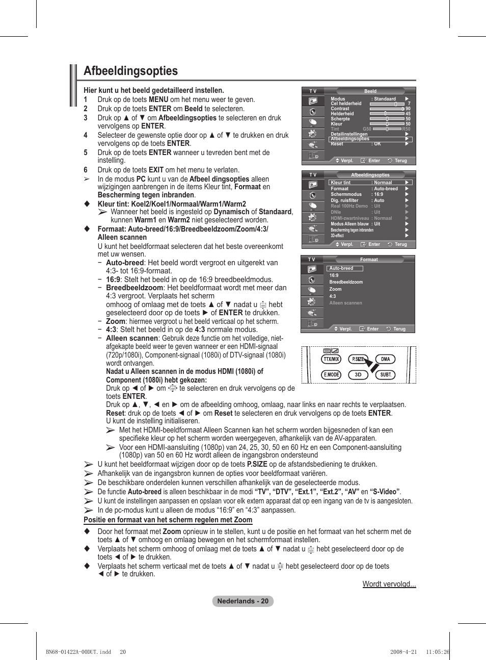 Afbeeldingsopties | Samsung PS50A476P1D User Manual | Page 186 / 444