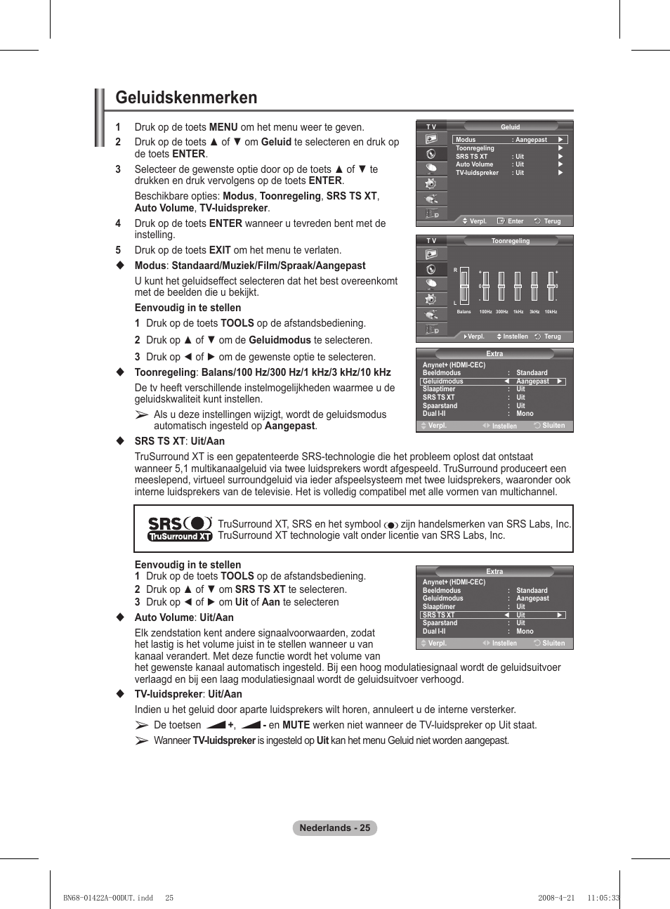 Geluidskenmerken | Samsung PS50A476P1D User Manual | Page 191 / 444