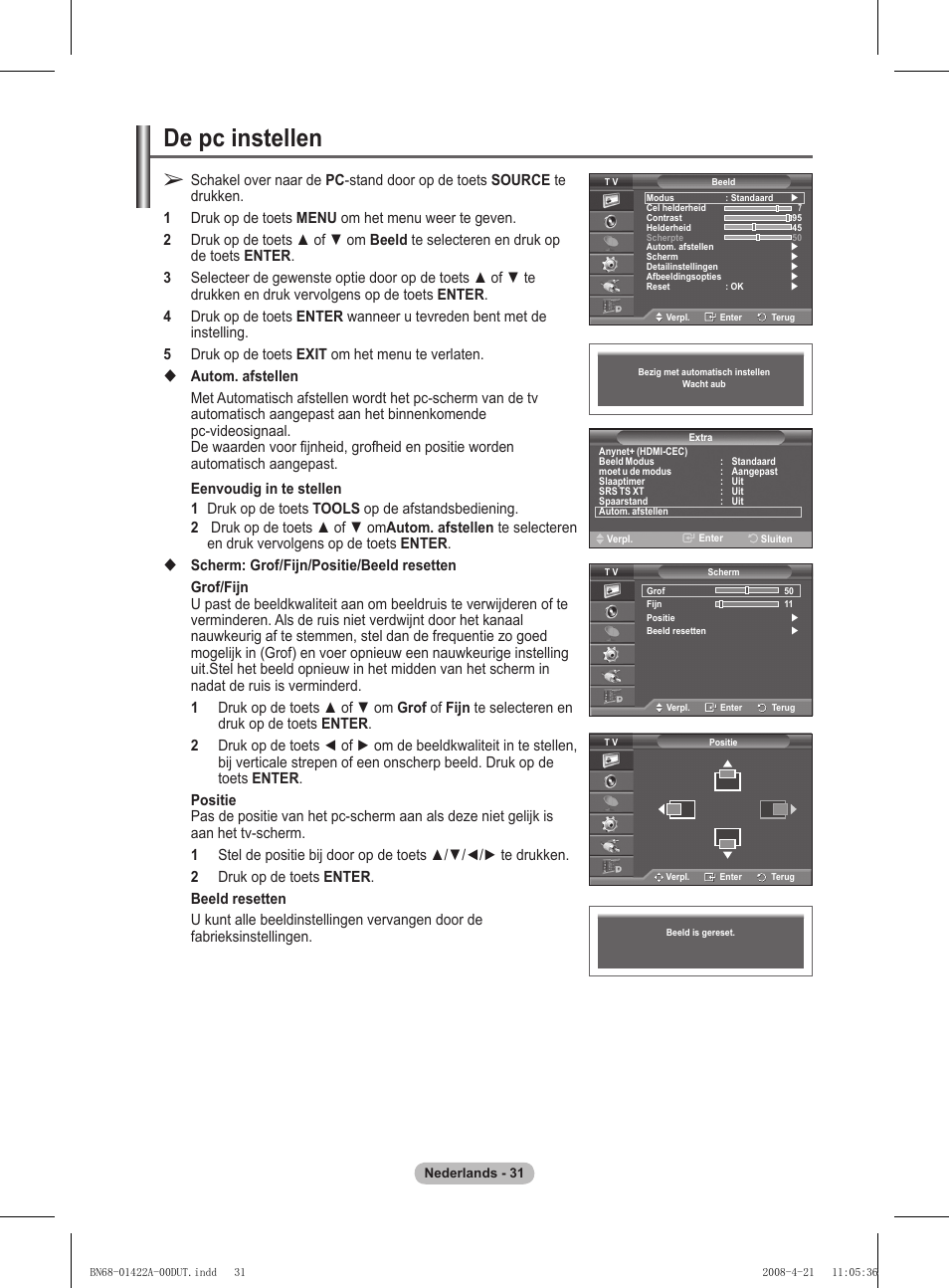 De pc instellen | Samsung PS50A476P1D User Manual | Page 197 / 444