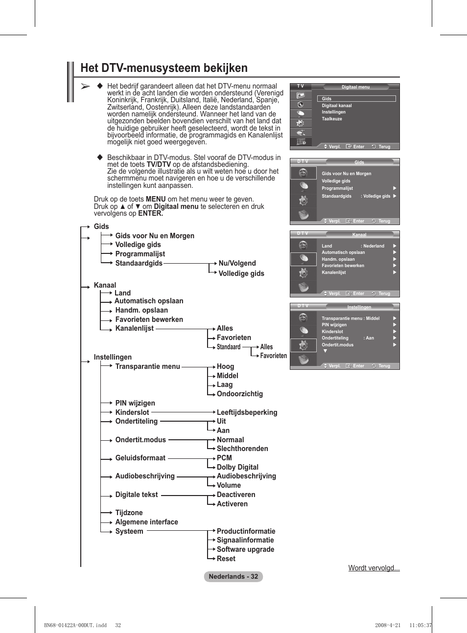 Het dtv-menusysteem bekijken | Samsung PS50A476P1D User Manual | Page 198 / 444