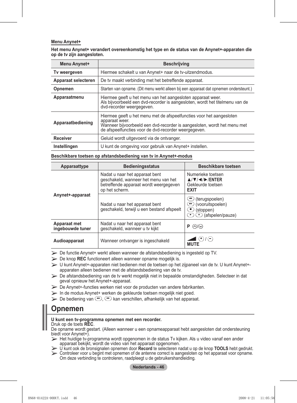 Opnemen | Samsung PS50A476P1D User Manual | Page 212 / 444