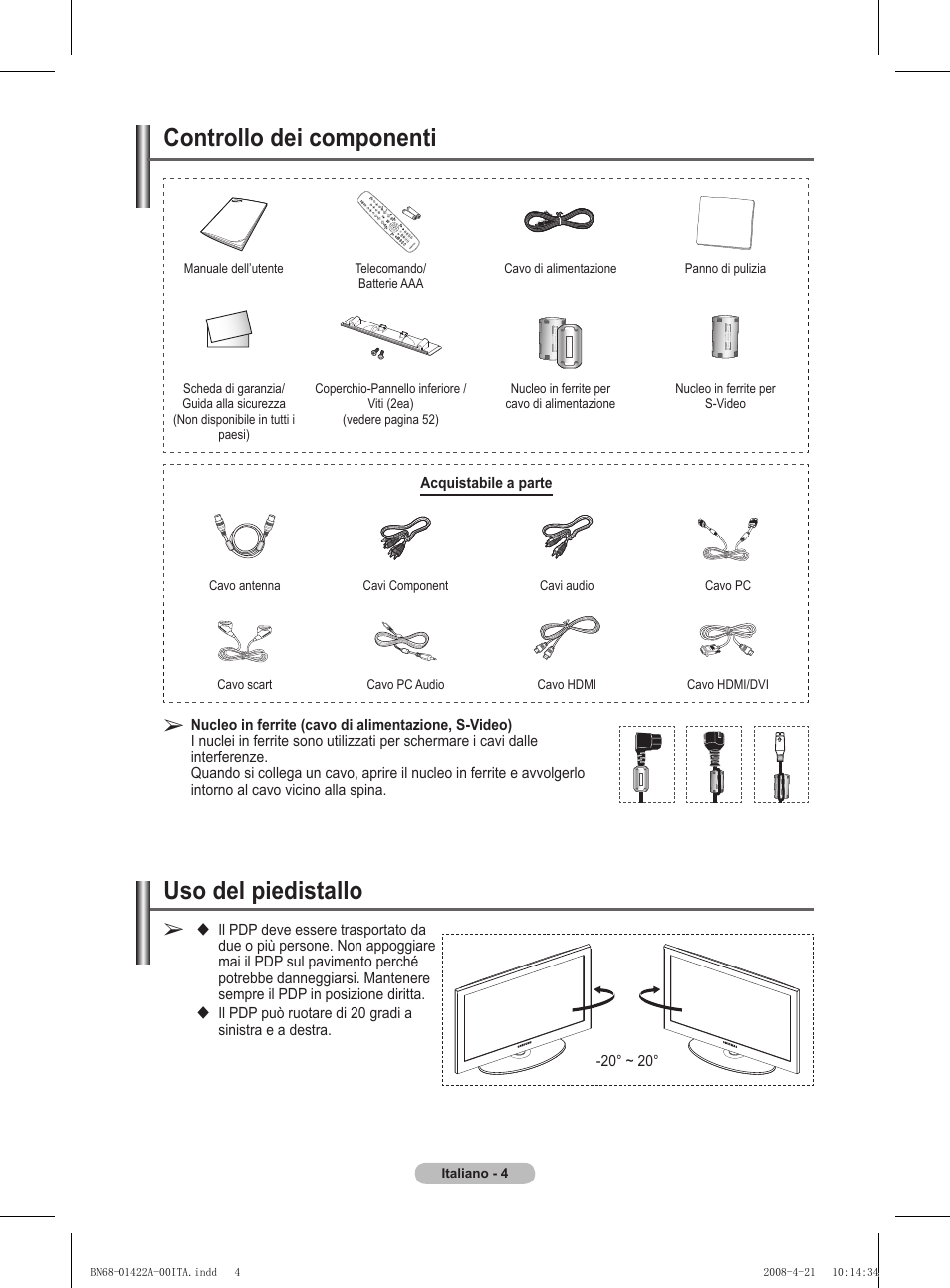Uso del piedistallo, Controllo dei componenti | Samsung PS50A476P1D User Manual | Page 225 / 444
