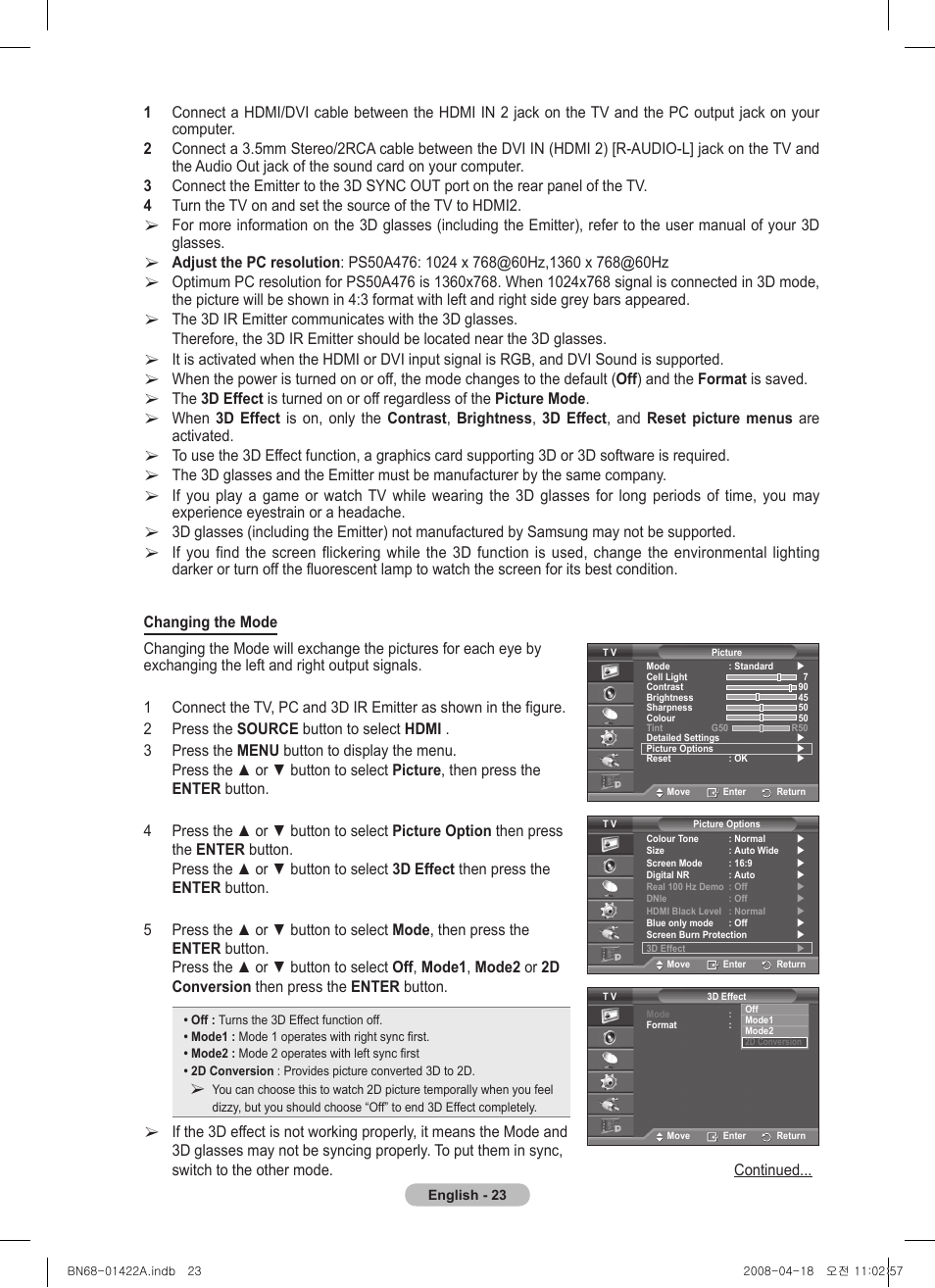 Samsung PS50A476P1D User Manual | Page 23 / 444