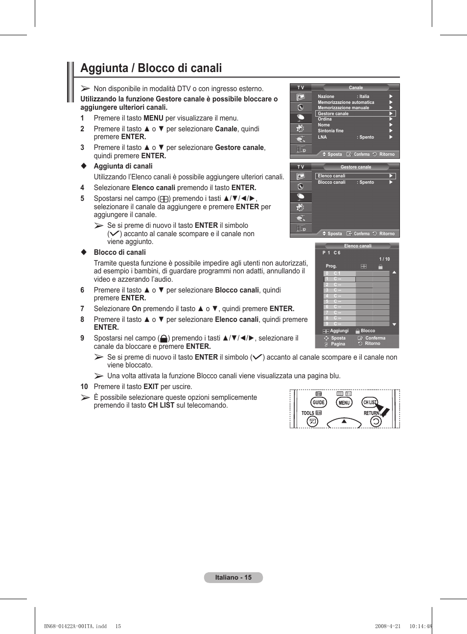 Aggiunta / blocco di canali | Samsung PS50A476P1D User Manual | Page 236 / 444