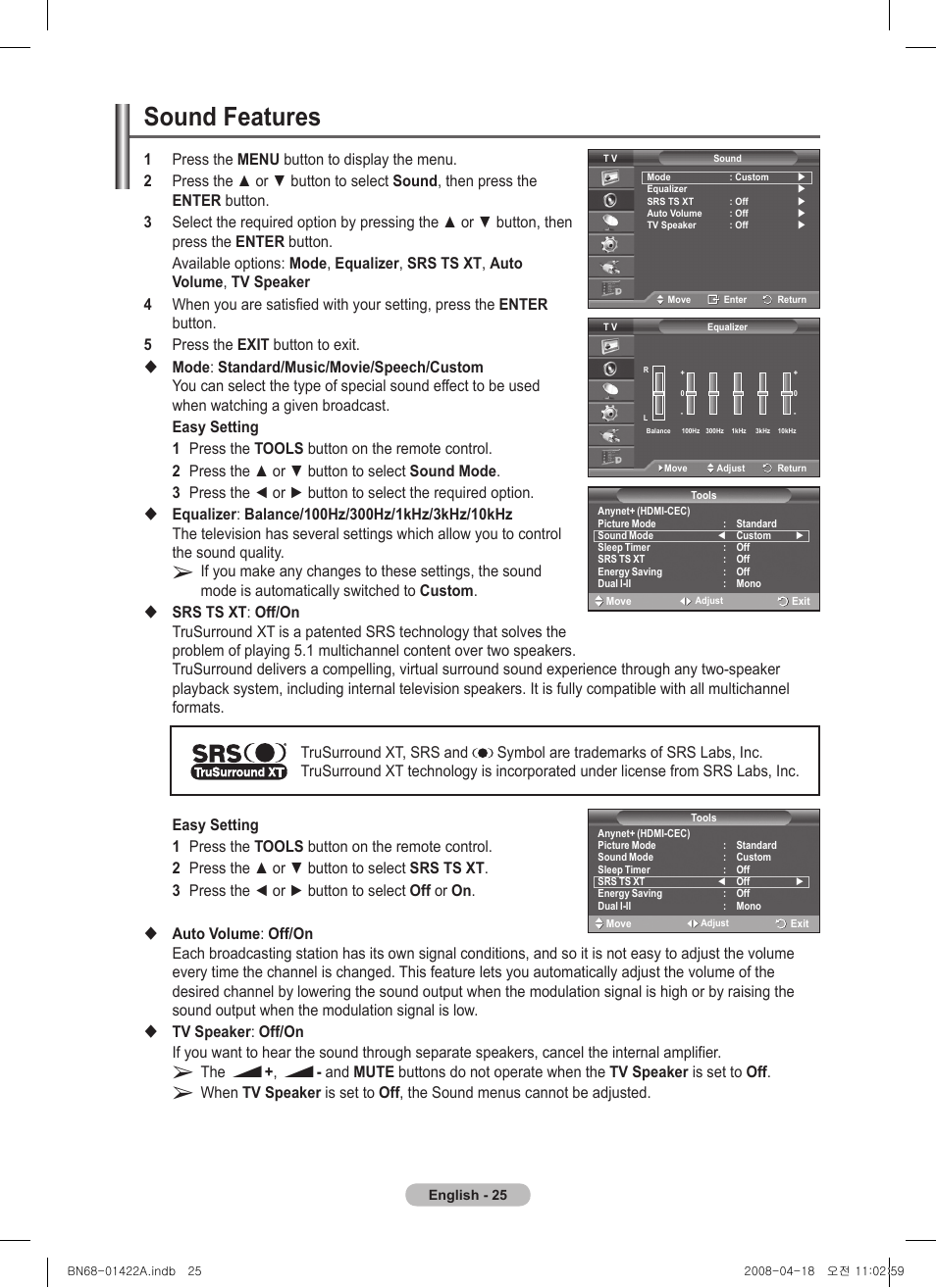 Sound features | Samsung PS50A476P1D User Manual | Page 25 / 444