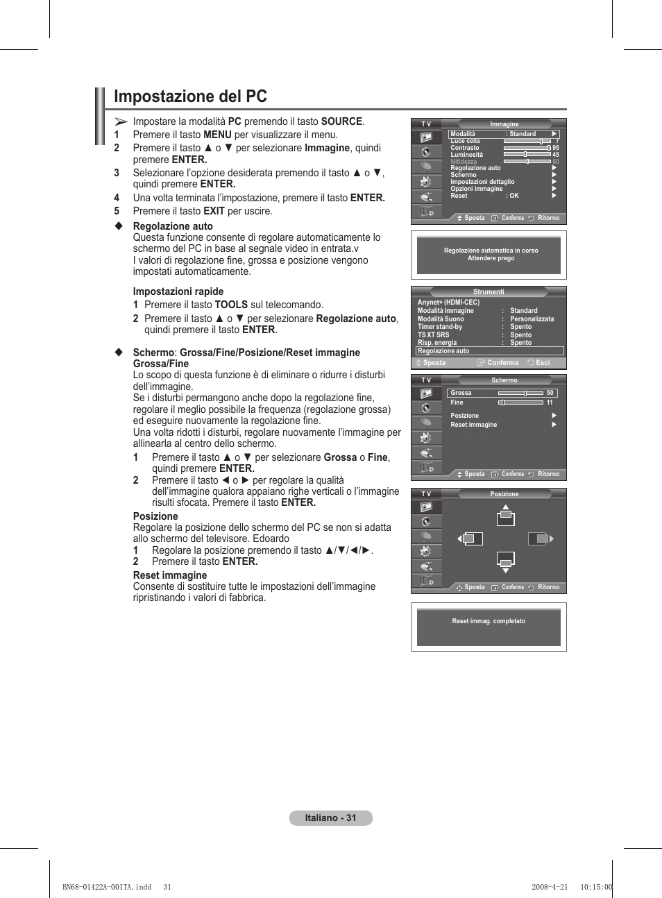 Impostazione del pc | Samsung PS50A476P1D User Manual | Page 252 / 444