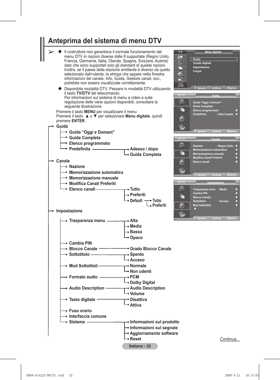 Anteprima del sistema di menu dtv | Samsung PS50A476P1D User Manual | Page 253 / 444