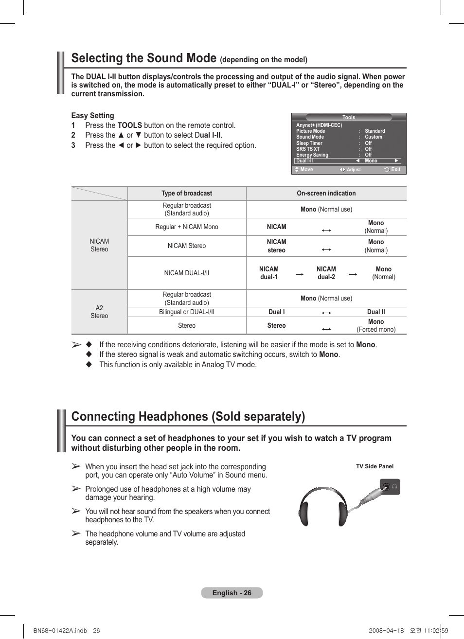 Selecting the sound mode (depending on the model), Connecting headphones (sold separately), Selecting the sound mode | Samsung PS50A476P1D User Manual | Page 26 / 444