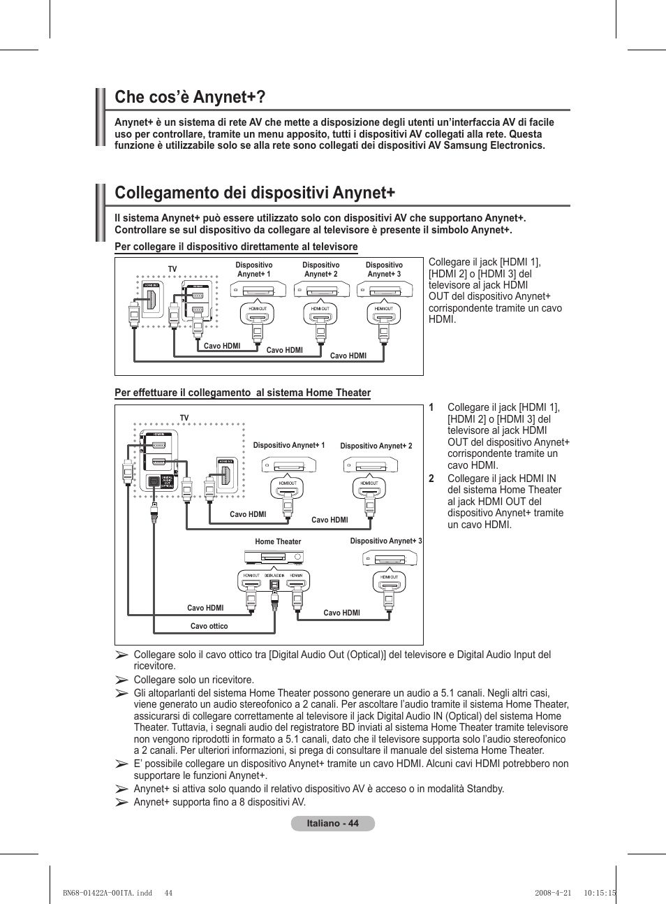 Che cos’è anynet, Collegamento dei dispositivi anynet | Samsung PS50A476P1D User Manual | Page 265 / 444