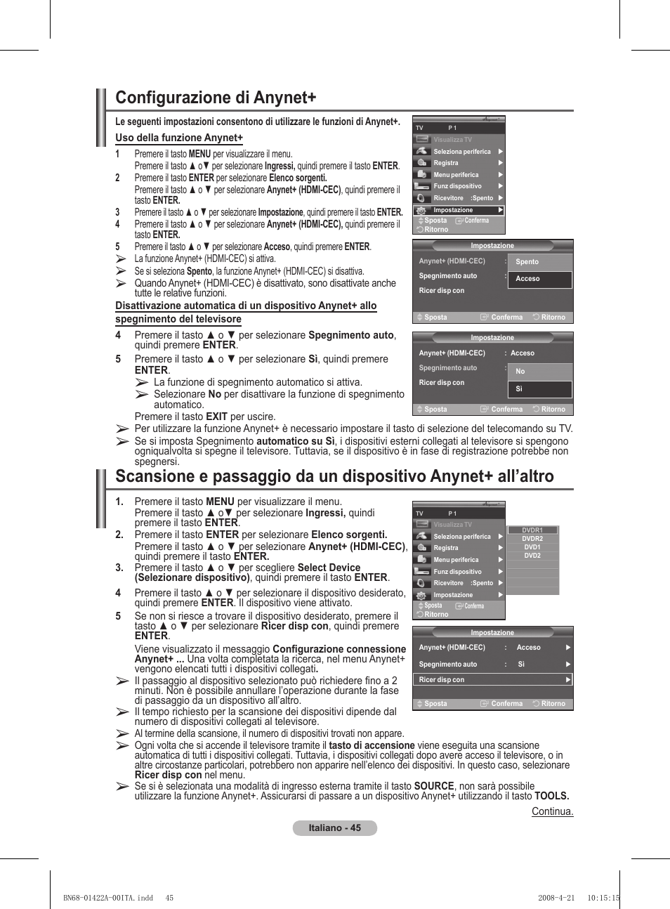 Configurazione di anynet | Samsung PS50A476P1D User Manual | Page 266 / 444