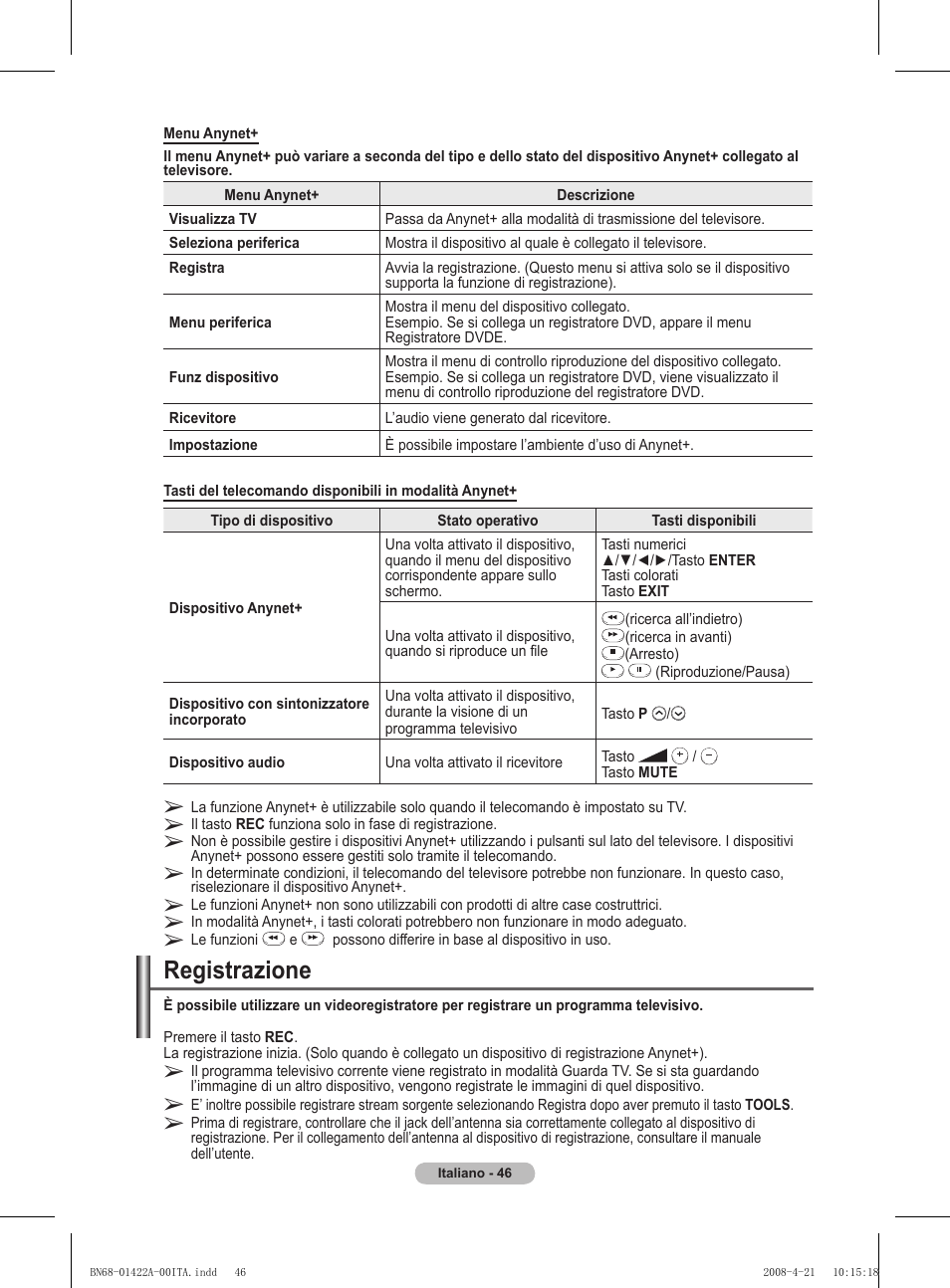 Registrazione | Samsung PS50A476P1D User Manual | Page 267 / 444