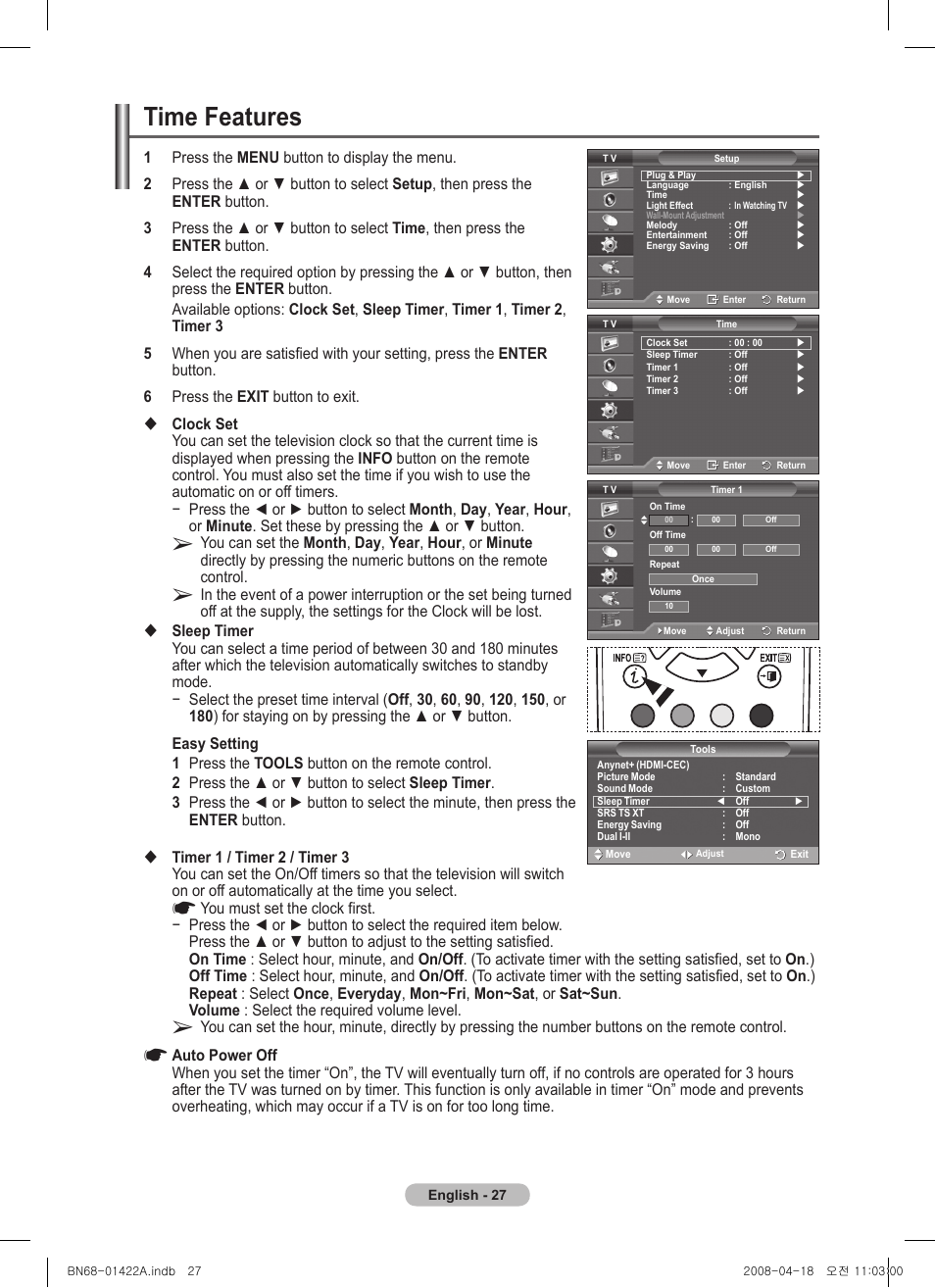 Time features | Samsung PS50A476P1D User Manual | Page 27 / 444