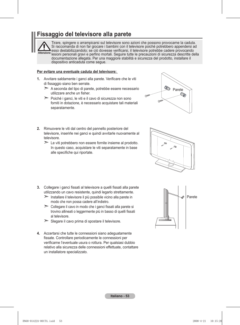 Fissaggio del televisore alla parete | Samsung PS50A476P1D User Manual | Page 274 / 444