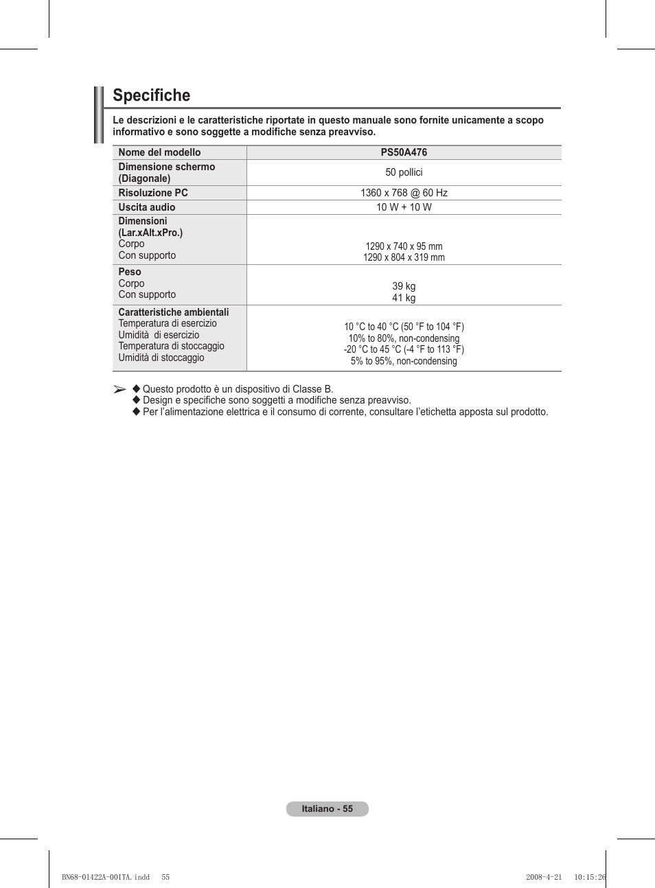 Specifiche | Samsung PS50A476P1D User Manual | Page 276 / 444