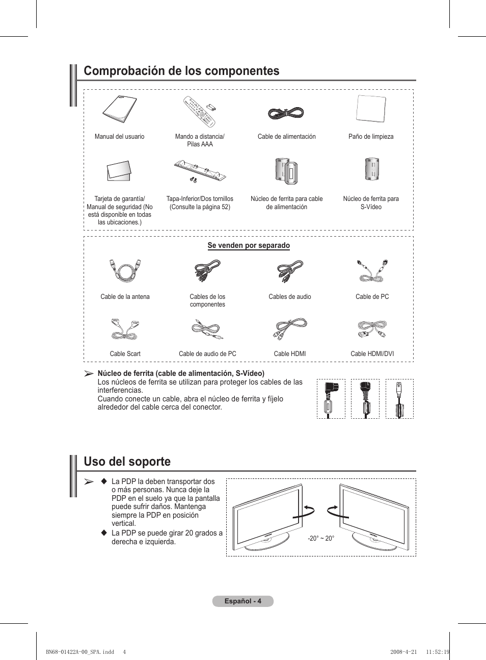 Uso del soporte, Comprobación de los componentes | Samsung PS50A476P1D User Manual | Page 281 / 444