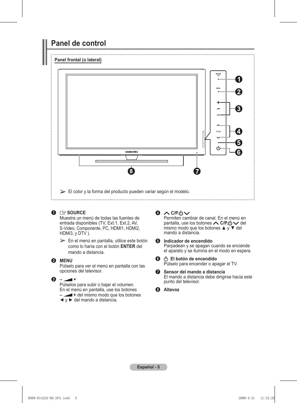 Panel de control | Samsung PS50A476P1D User Manual | Page 282 / 444