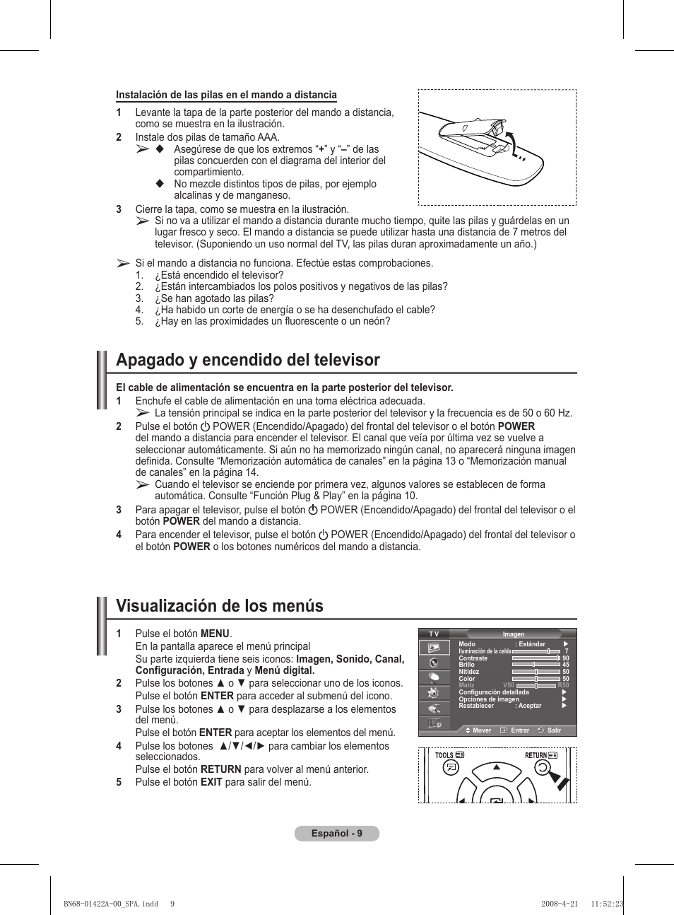Apagado y encendido del televisor, Visualización de los menús | Samsung PS50A476P1D User Manual | Page 286 / 444