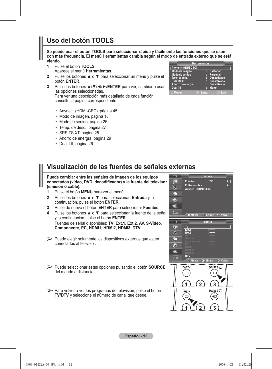 Uso del botón tools, Visualización de las fuentes de señales externas | Samsung PS50A476P1D User Manual | Page 289 / 444