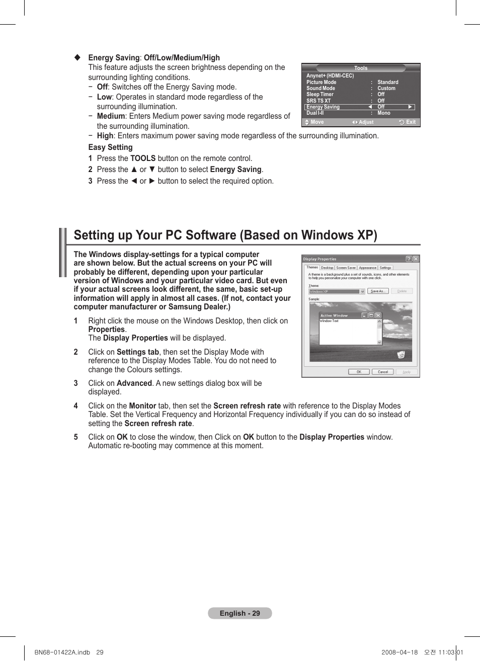 Setting up your pc software (based on windows xp) | Samsung PS50A476P1D User Manual | Page 29 / 444