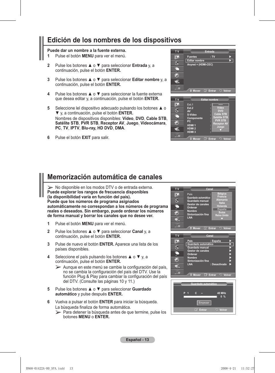 Edición de los nombres de los dispositivos | Samsung PS50A476P1D User Manual | Page 290 / 444