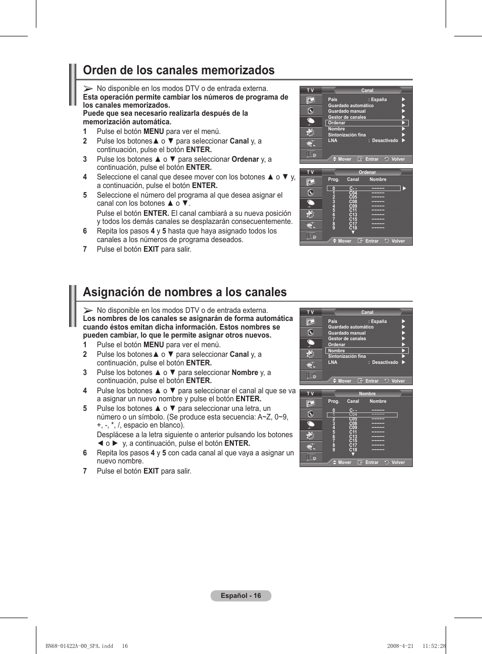 Asignación de nombres a los canales | Samsung PS50A476P1D User Manual | Page 293 / 444
