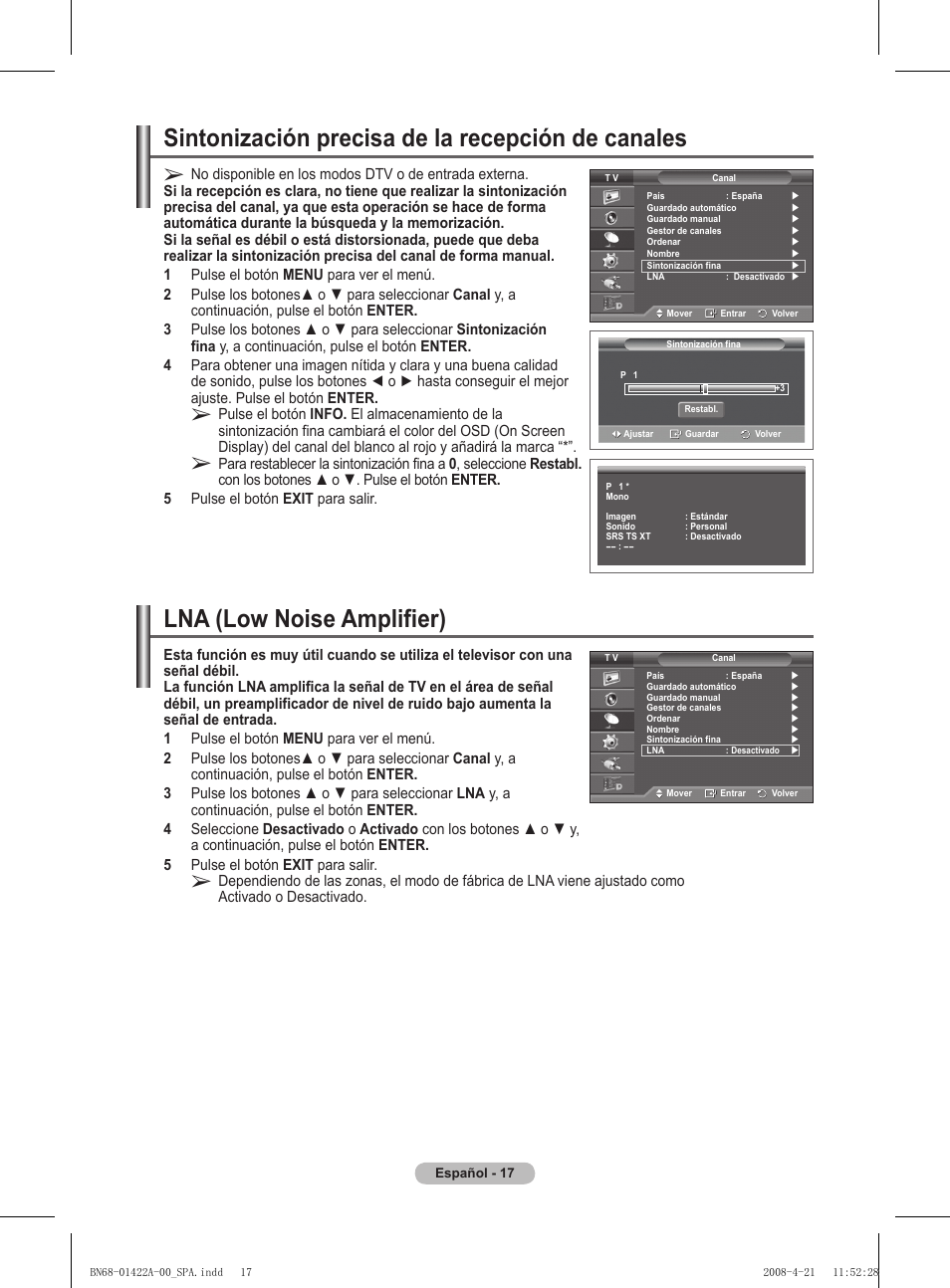 Sintonización precisa de la recepción de canales, Lna (low noise amplifier) | Samsung PS50A476P1D User Manual | Page 294 / 444