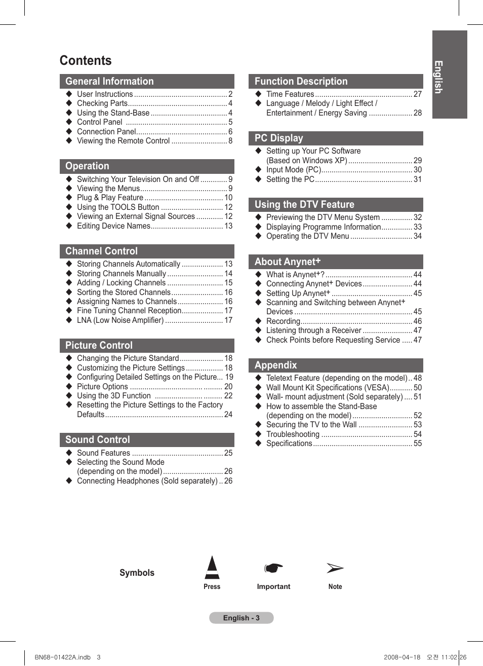 Samsung PS50A476P1D User Manual | Page 3 / 444