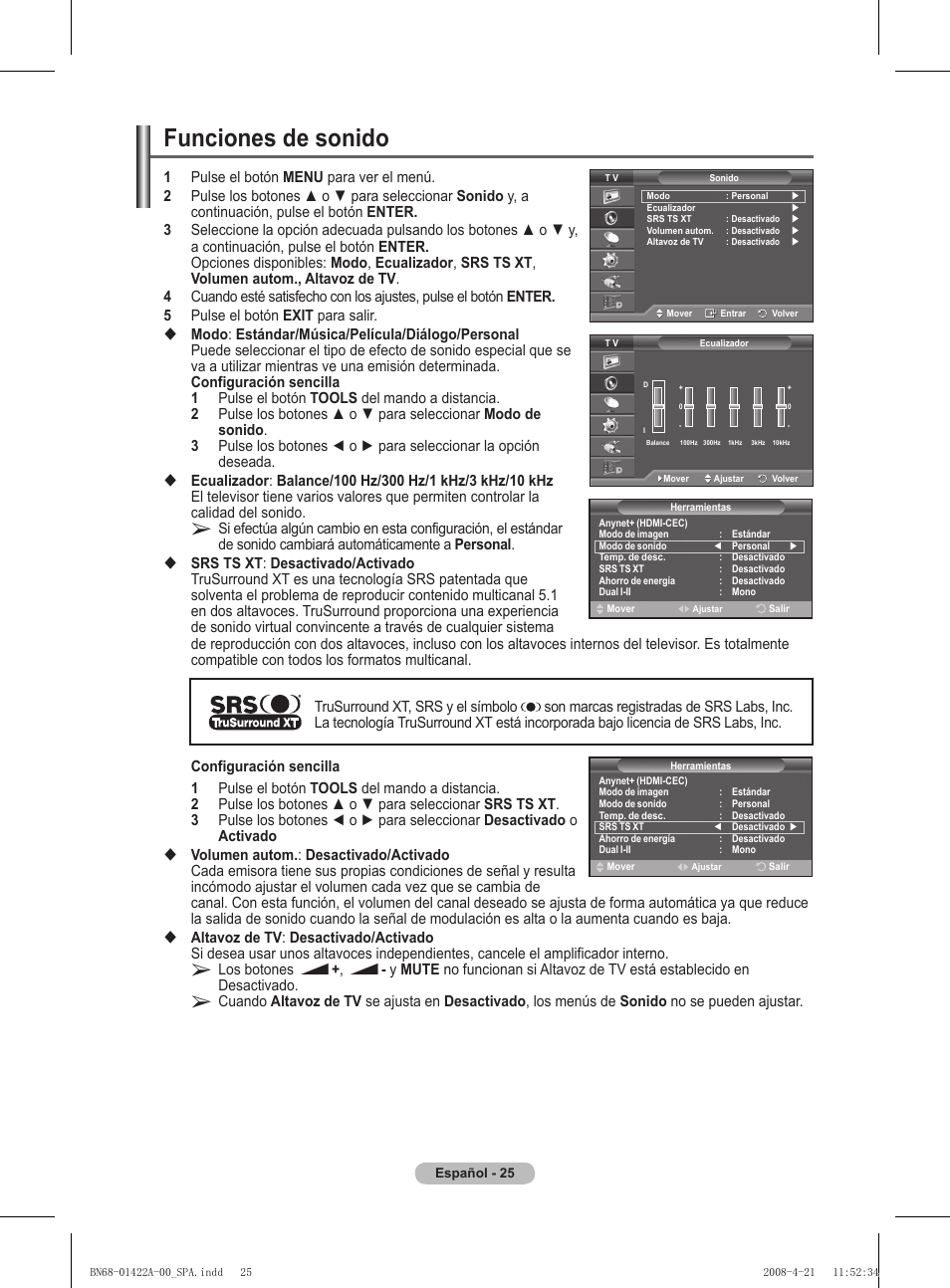 Funciones de sonido | Samsung PS50A476P1D User Manual | Page 302 / 444