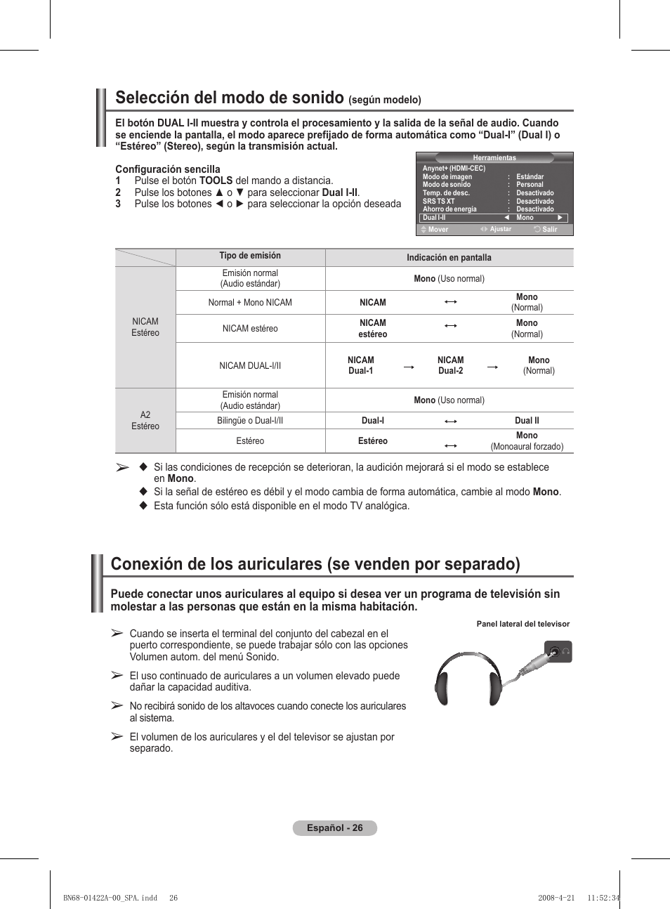 Selección del modo de sonido | Samsung PS50A476P1D User Manual | Page 303 / 444