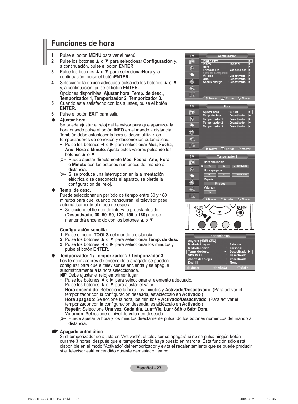 Funciones de hora | Samsung PS50A476P1D User Manual | Page 304 / 444