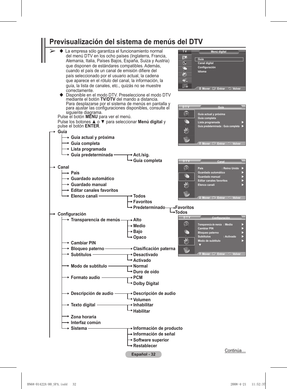 Previsualización del sistema de menús del dtv | Samsung PS50A476P1D User Manual | Page 309 / 444