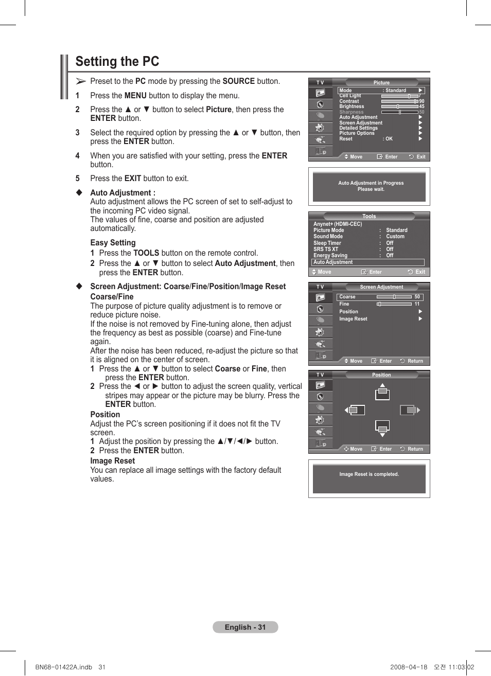Setting the pc | Samsung PS50A476P1D User Manual | Page 31 / 444