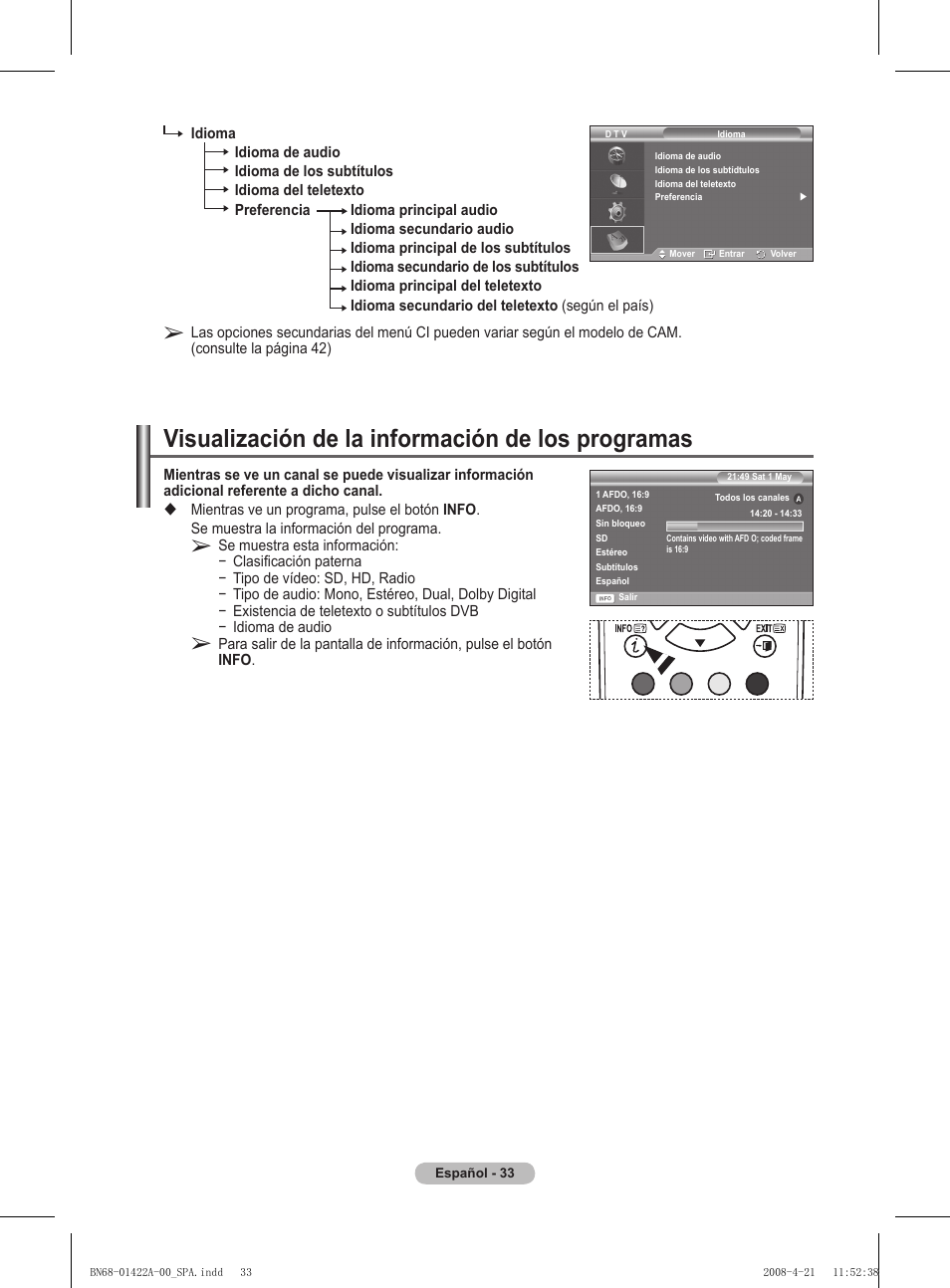 Visualización de la información de los programas | Samsung PS50A476P1D User Manual | Page 310 / 444