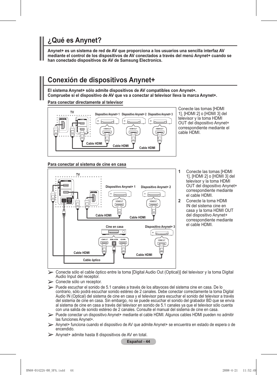 Conexión de dispositivos anynet, Qué es anynet | Samsung PS50A476P1D User Manual | Page 321 / 444