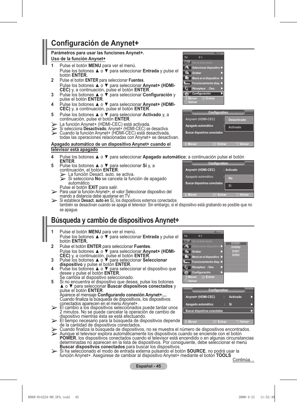 Configuración de anynet, Búsqueda y cambio de dispositivos anynet | Samsung PS50A476P1D User Manual | Page 322 / 444