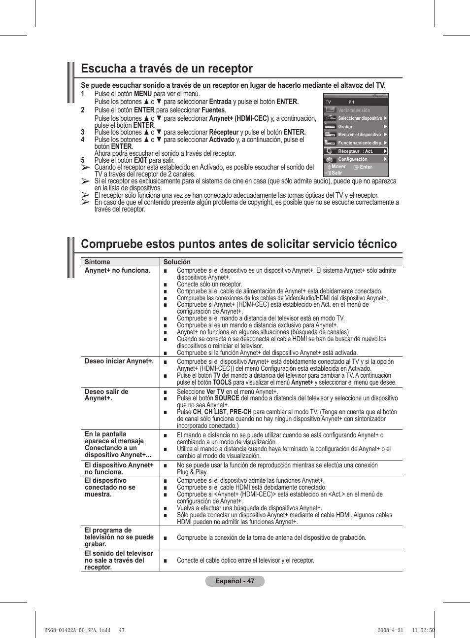 Escucha a través de un receptor | Samsung PS50A476P1D User Manual | Page 324 / 444