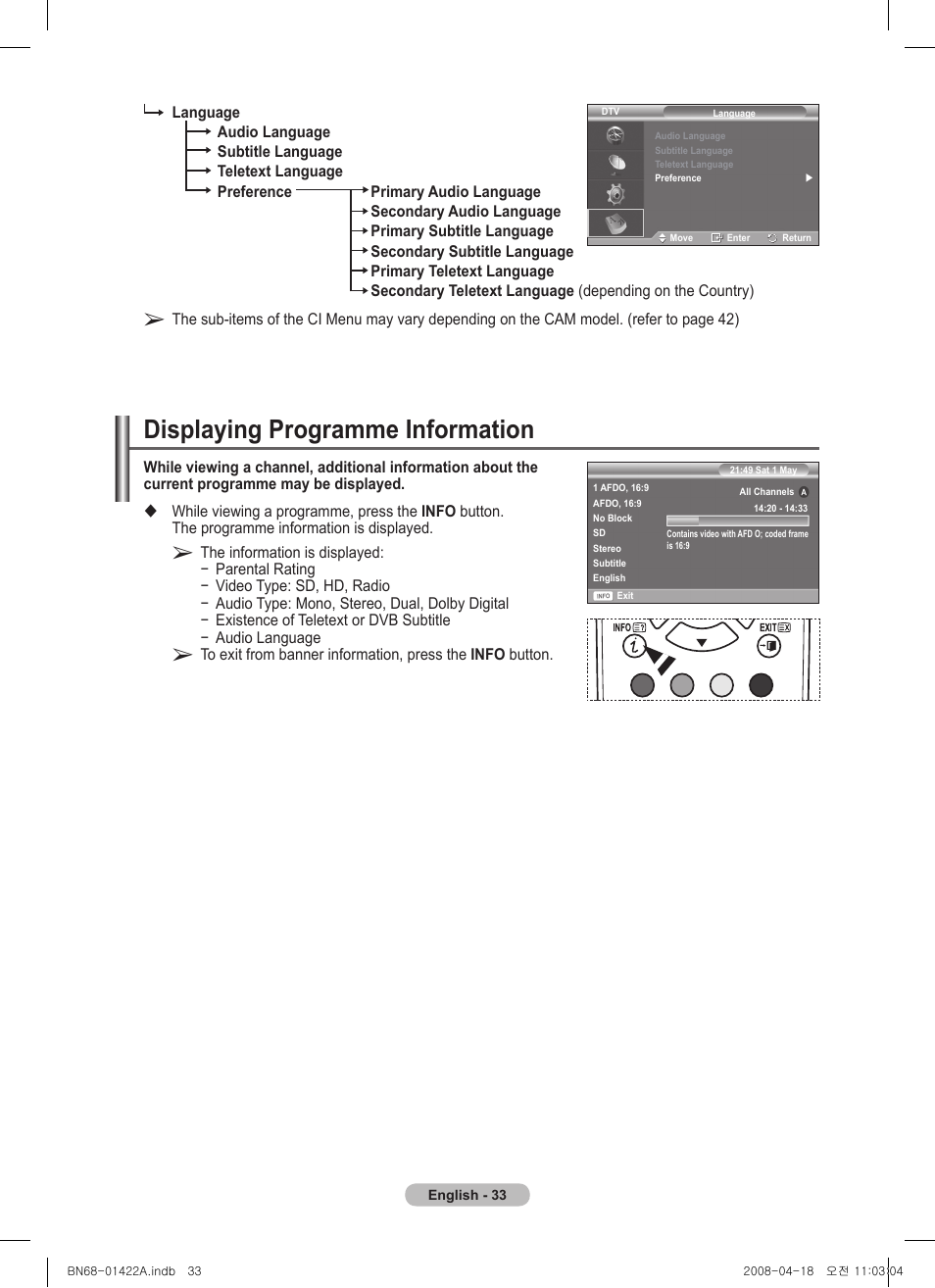 Displaying programme information | Samsung PS50A476P1D User Manual | Page 33 / 444