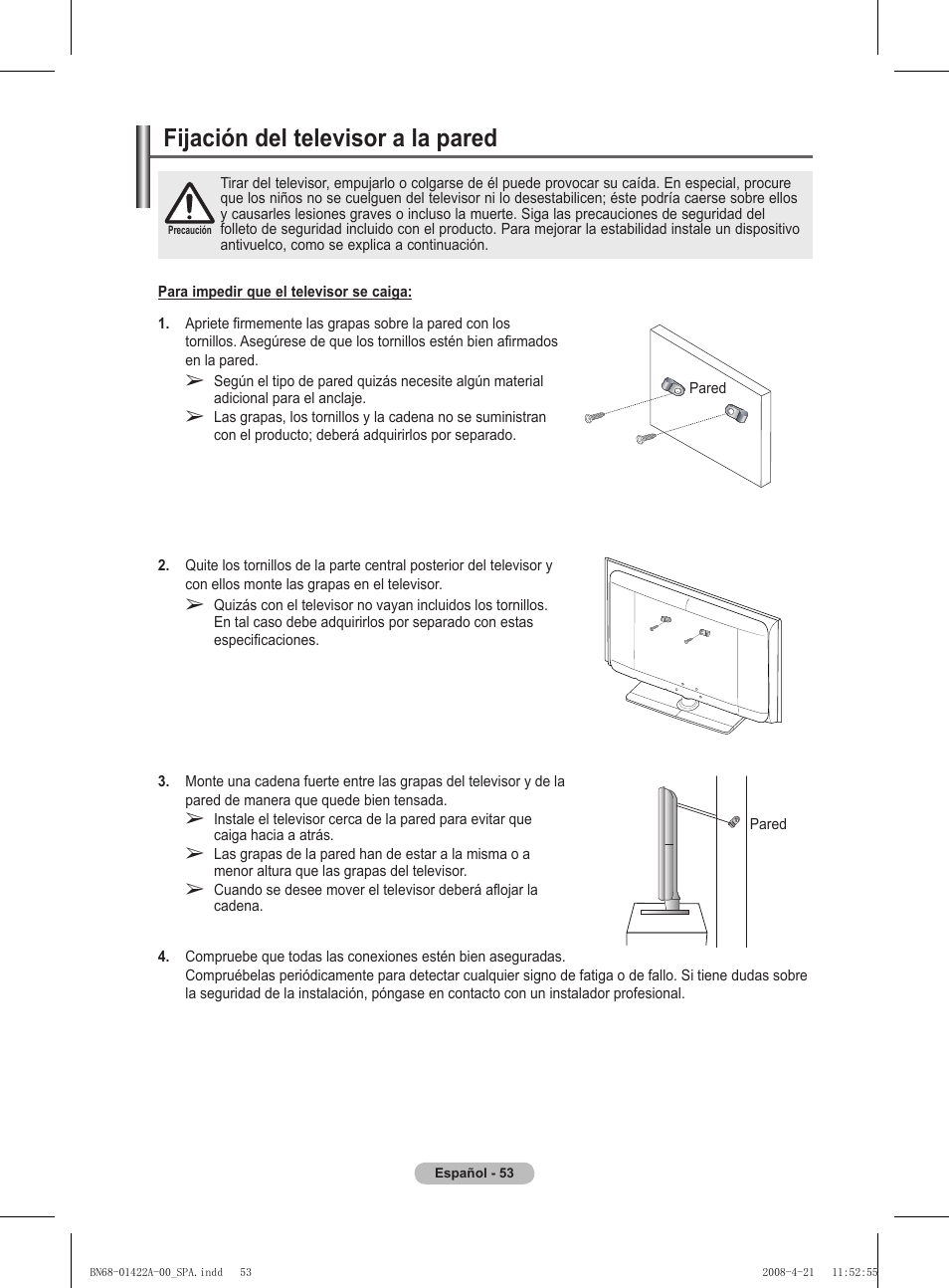 Fijación del televisor a la pared | Samsung PS50A476P1D User Manual | Page 330 / 444