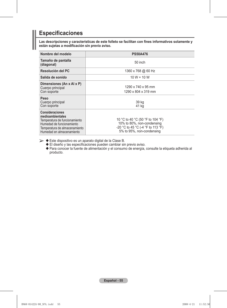 Especificaciones | Samsung PS50A476P1D User Manual | Page 332 / 444