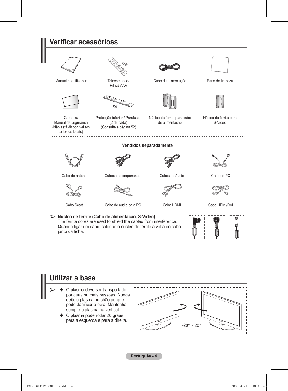 Utilizar a base, Verificar acessórioss | Samsung PS50A476P1D User Manual | Page 337 / 444