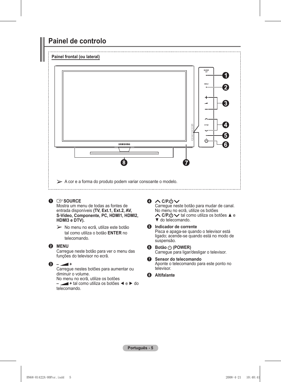 Painel de controlo | Samsung PS50A476P1D User Manual | Page 338 / 444