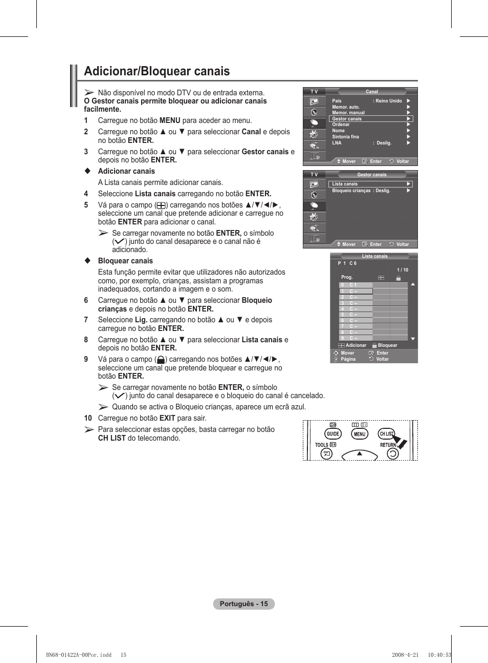 Adicionar/bloquear canais | Samsung PS50A476P1D User Manual | Page 348 / 444