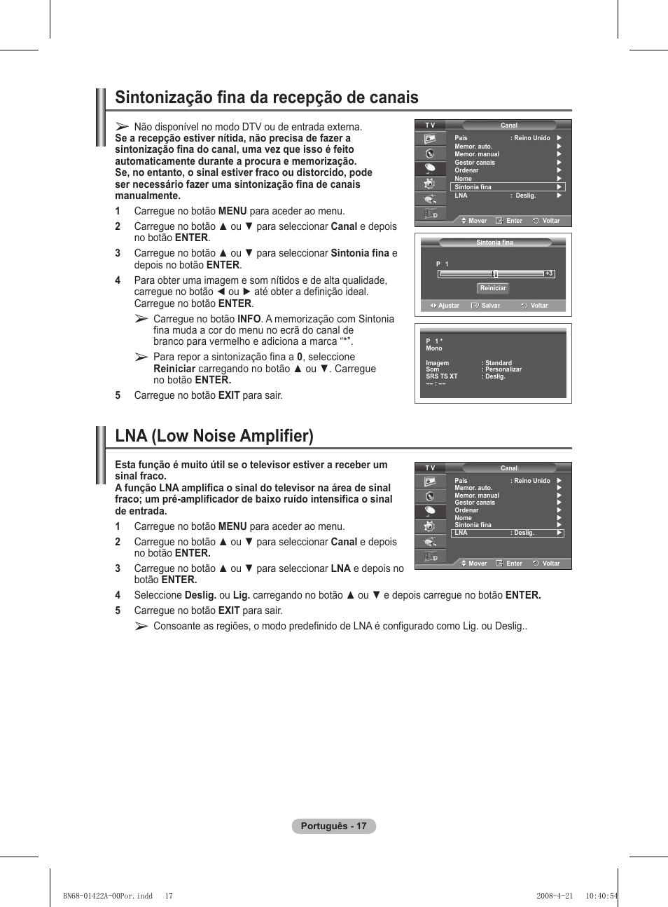 Lna (low noise amplifier), Sintonização fina da recepção de canais | Samsung PS50A476P1D User Manual | Page 350 / 444