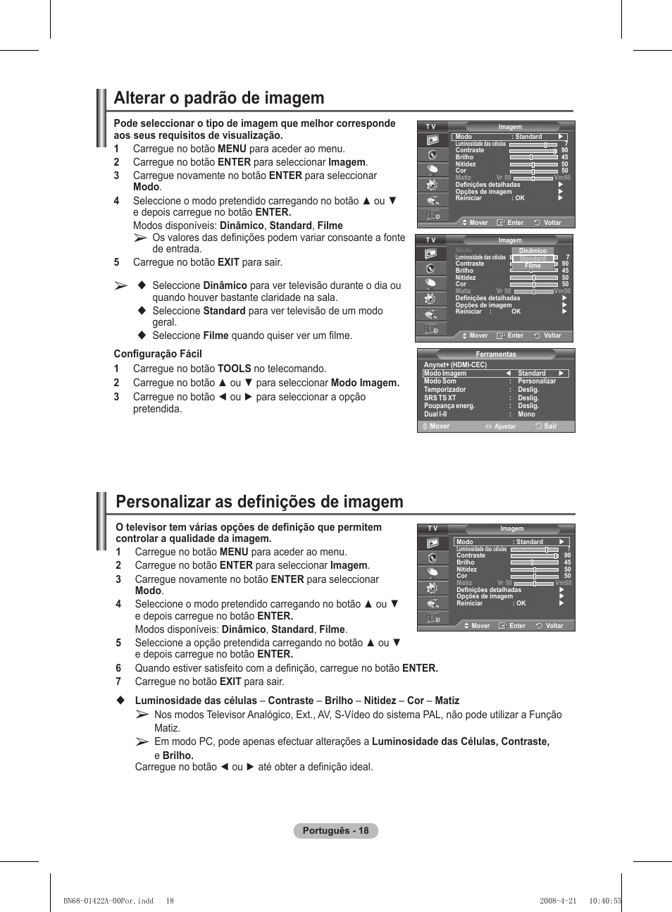 Personalizar as definições de imagem, Alterar o padrão de imagem | Samsung PS50A476P1D User Manual | Page 351 / 444