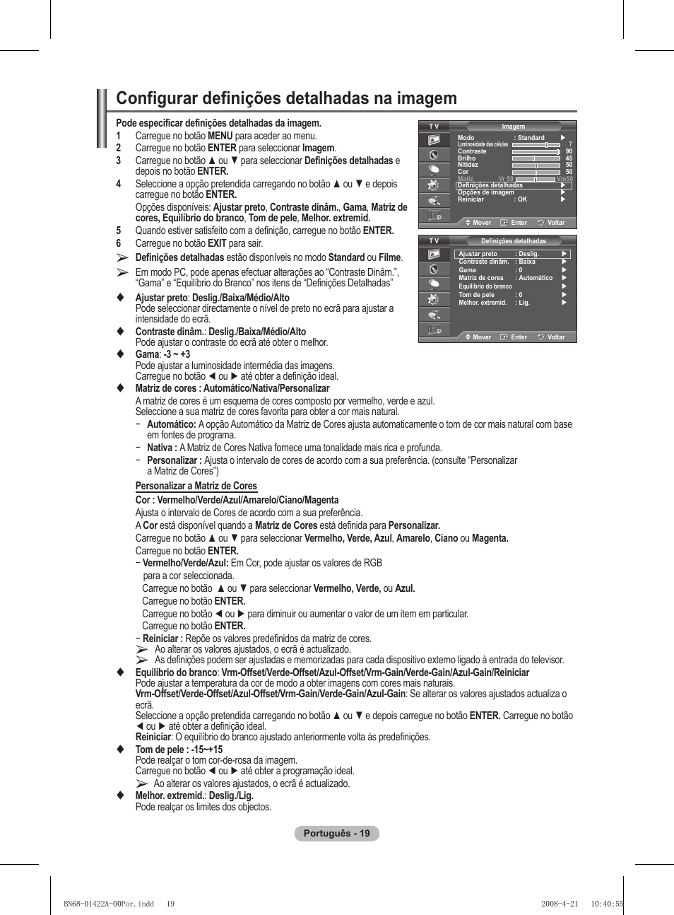 Configurar definições detalhadas na imagem | Samsung PS50A476P1D User Manual | Page 352 / 444