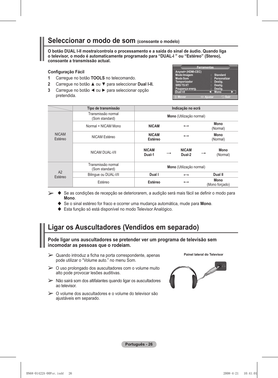 Seleccionar o modo de som, Ligar os auscultadores (vendidos em separado) | Samsung PS50A476P1D User Manual | Page 359 / 444